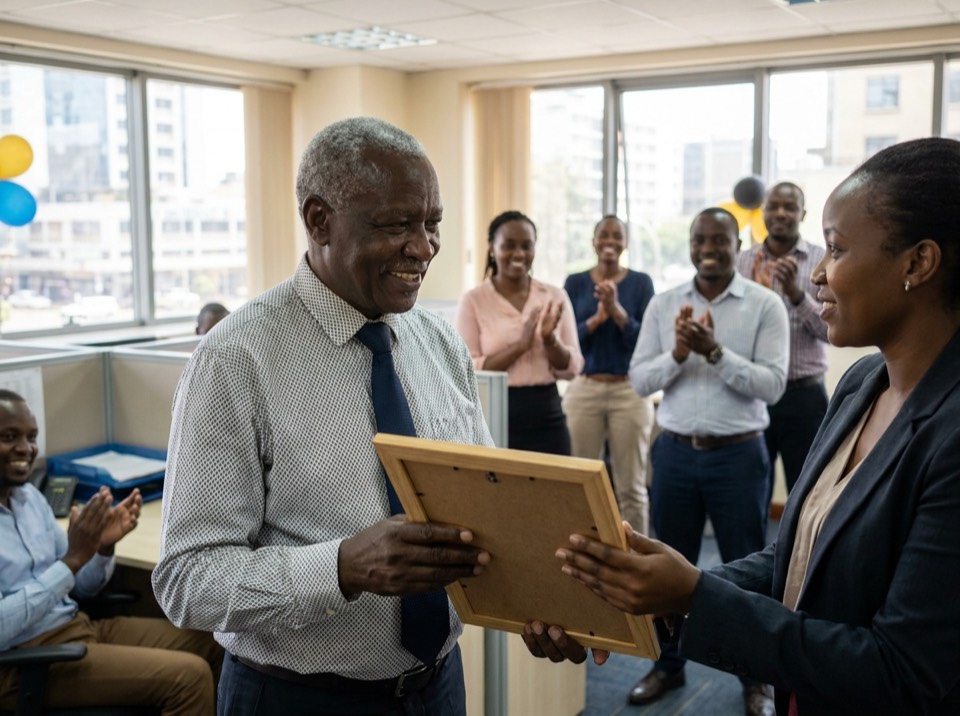 A long-serving colleague receiving a certificate